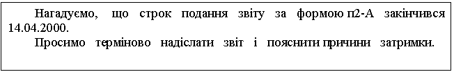 Text Box: Нагадуємо, що строк подання звіту за формою п2-А закінчився 14.04.2000. Просимо терміново надіслати звіт і пояснити причини затримки. 