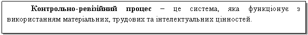 Text Box: Контрольно-ревізійний процес – це система, яка функціонує з використанням матеріальних, трудових та інтелектуальних цінностей.